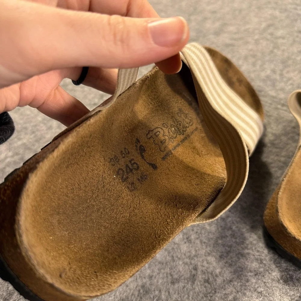 Birkenstock Birki's Sandals Womens 7 38 Beige Striped Slide Cork Comfort‎ Shoes